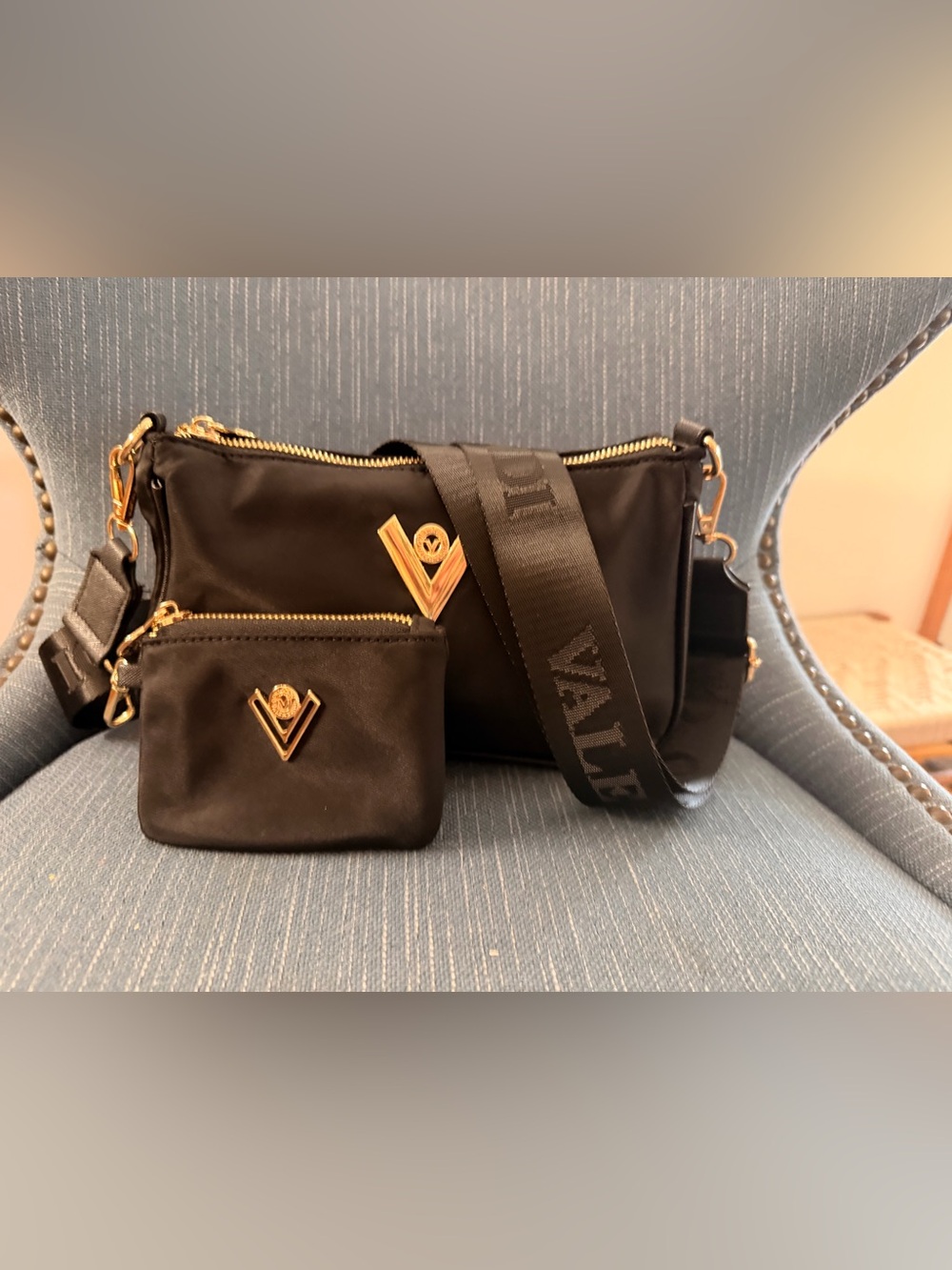 Valentino Black Nylon Crossbody with Gold V-Logo Accents